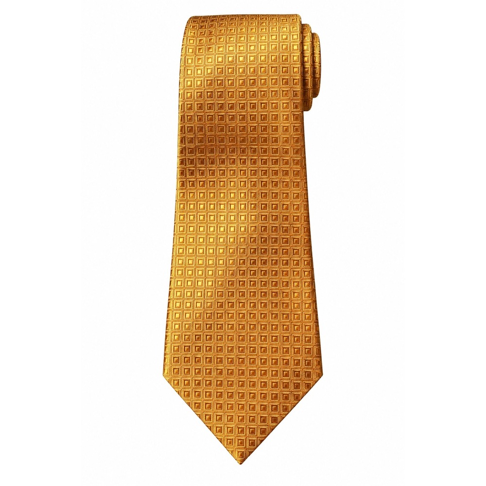 RA-DESIGN Mens Silk Tie Gold Orange Geometric Square Pattern Hand Made Italian